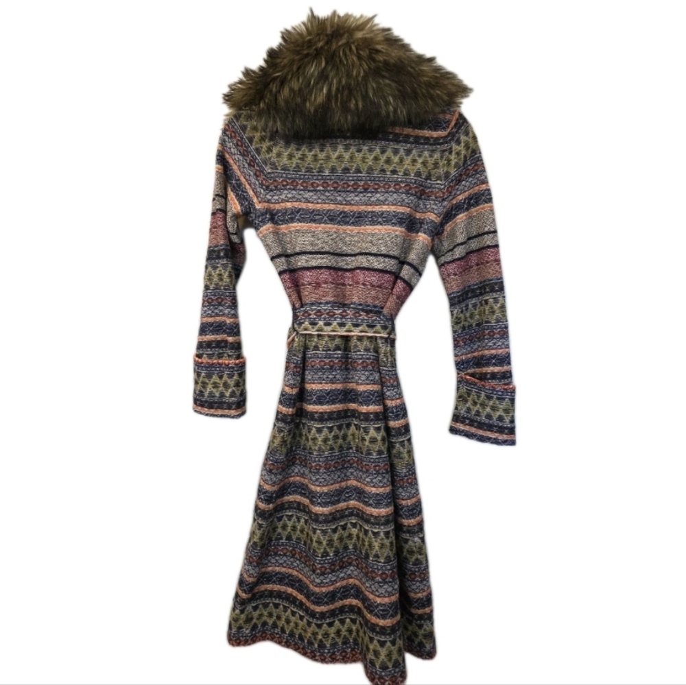 Anthro Angel of the North Faux Fur Collar Long Cardigan Lambswool Sweater XS - Picture 2 of 13